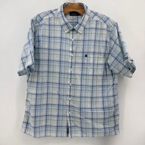 Fish Hippie Button Down Mens XXL SD Yacht Club Cotton Hemp Blue Plaid Shirt